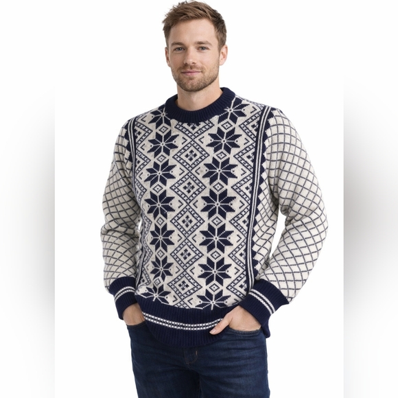 DALE OF NORWAY Wool Sweater Nordic Fair Isle Vintage Knit Navy Blue Cream L 44 - Picture 9 of 9